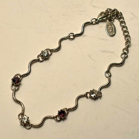 Dainty Silver Tone Bracelet with Purple and clear stones by Cool Jewels - Picture 1 of 3